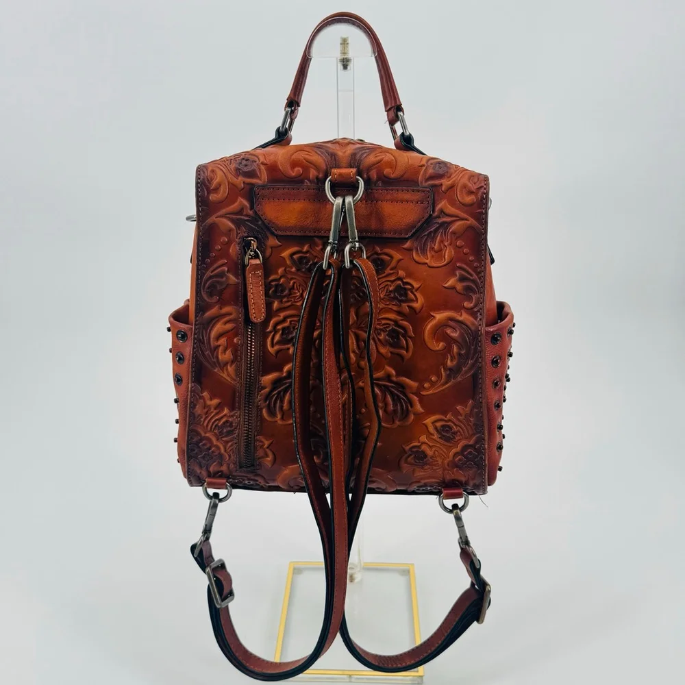 Brown Tooled Embossed Leather 3 in 1 Backpack Crossbody Shoulder Bag